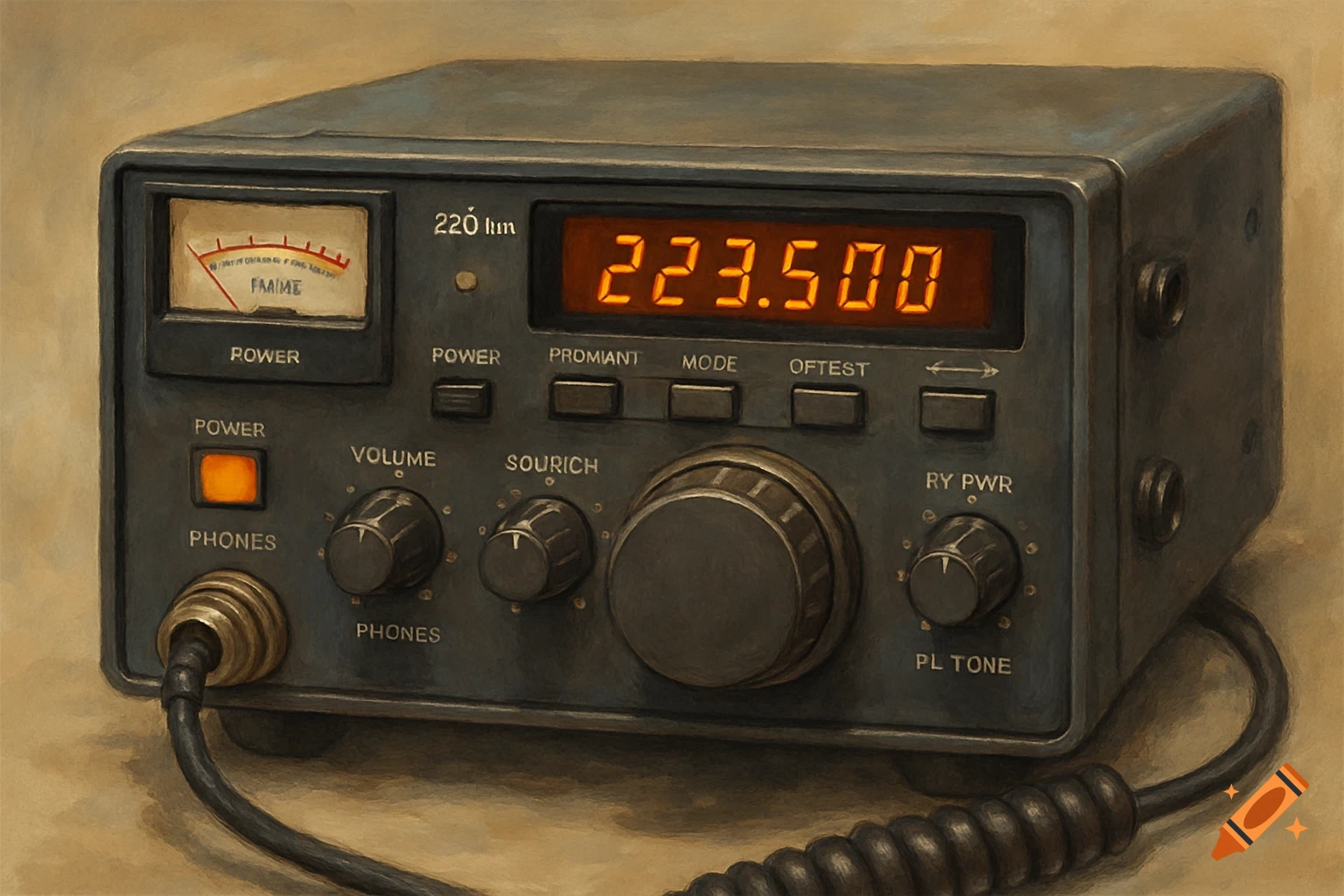 Close-up of a vintage amateur radio with display and knobs, painted style
