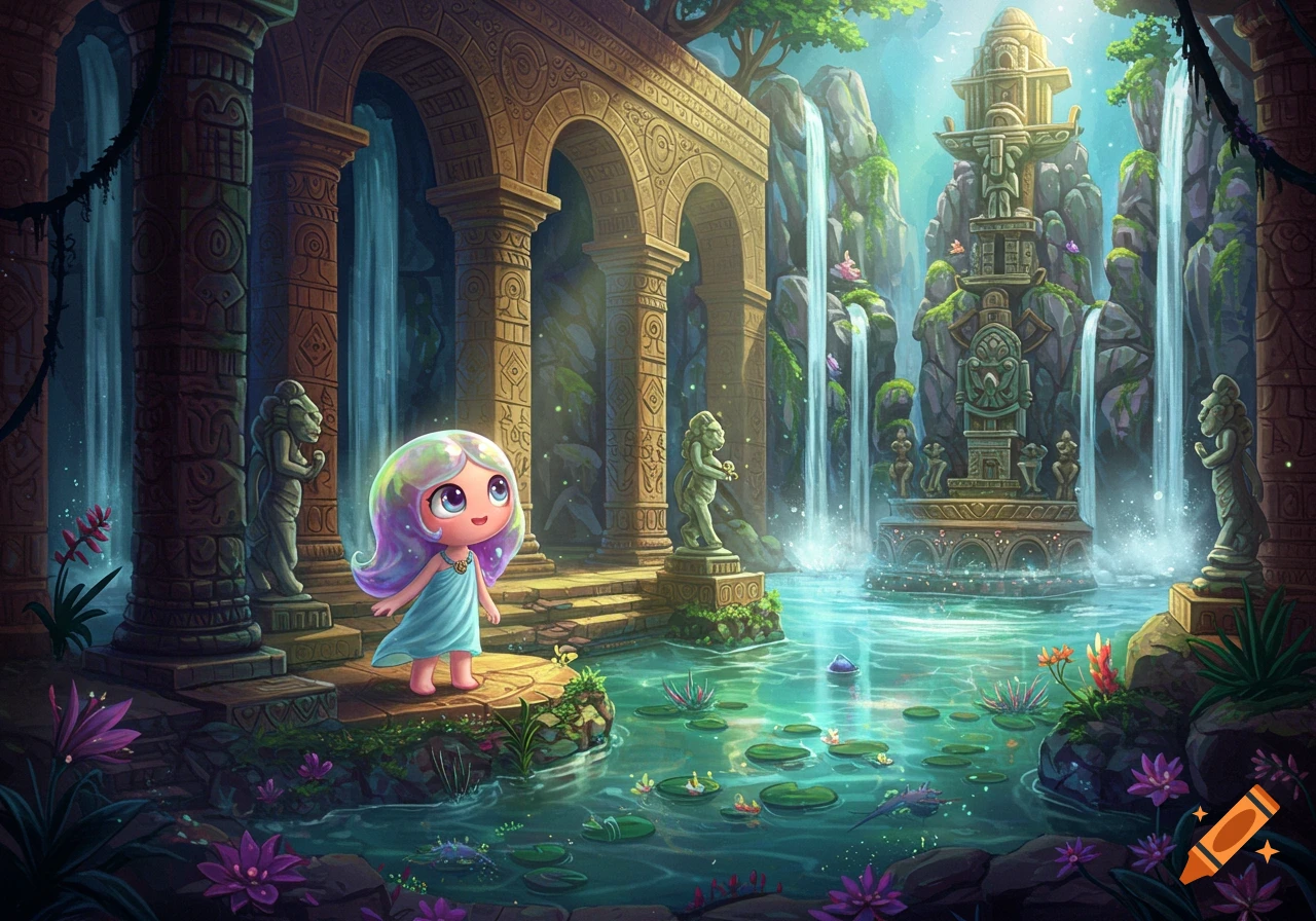 A cute bubble girl in a fantasy temple with waterfalls and a pool.