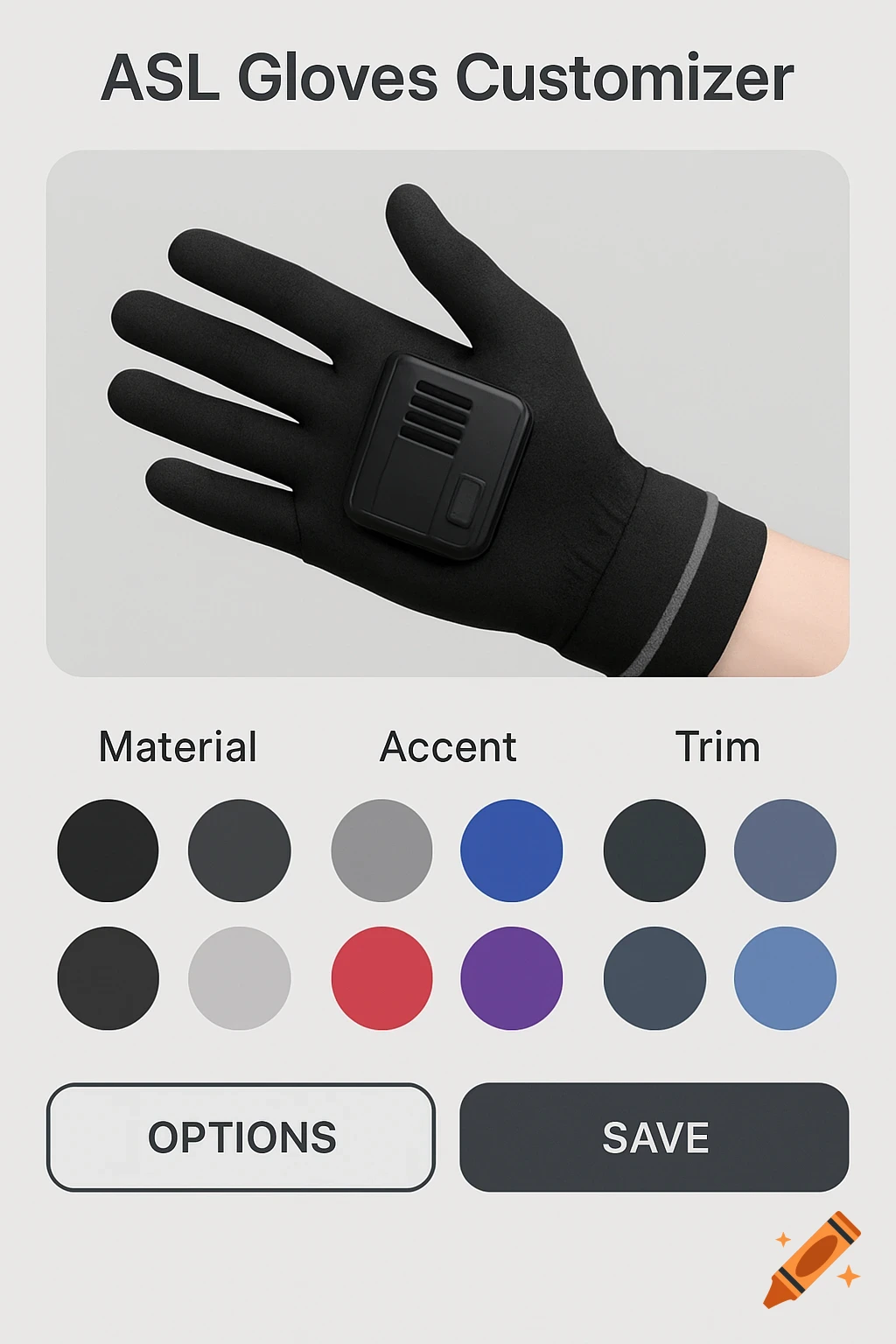 User interface for ASL gloves customizer app with glove, color options, and buttons