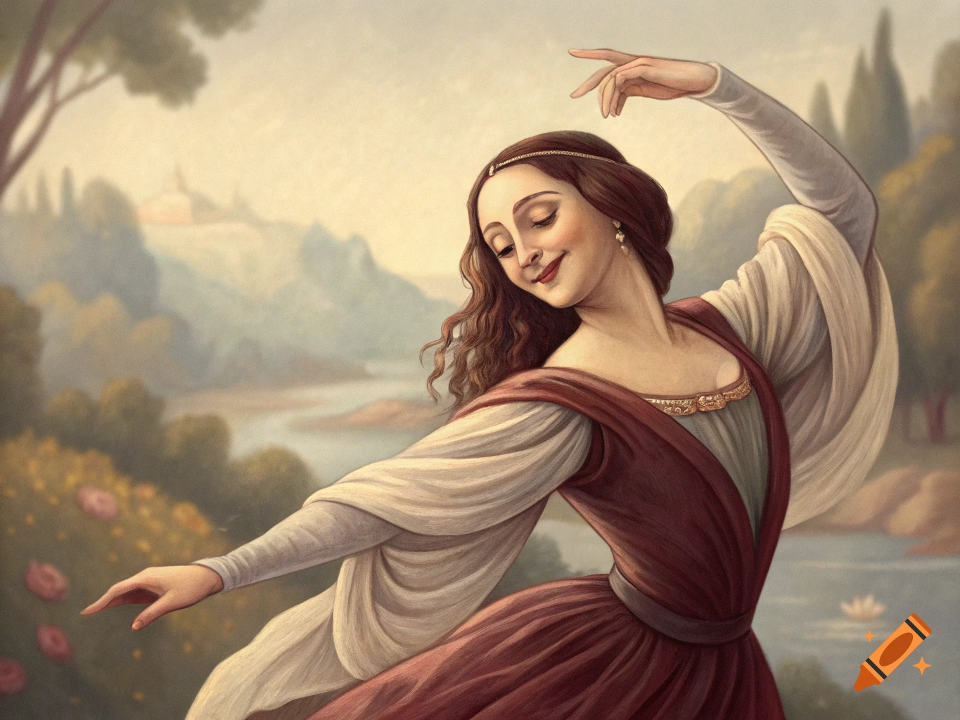 Painting of a woman in Renaissance style clothing dancing in a landscape.