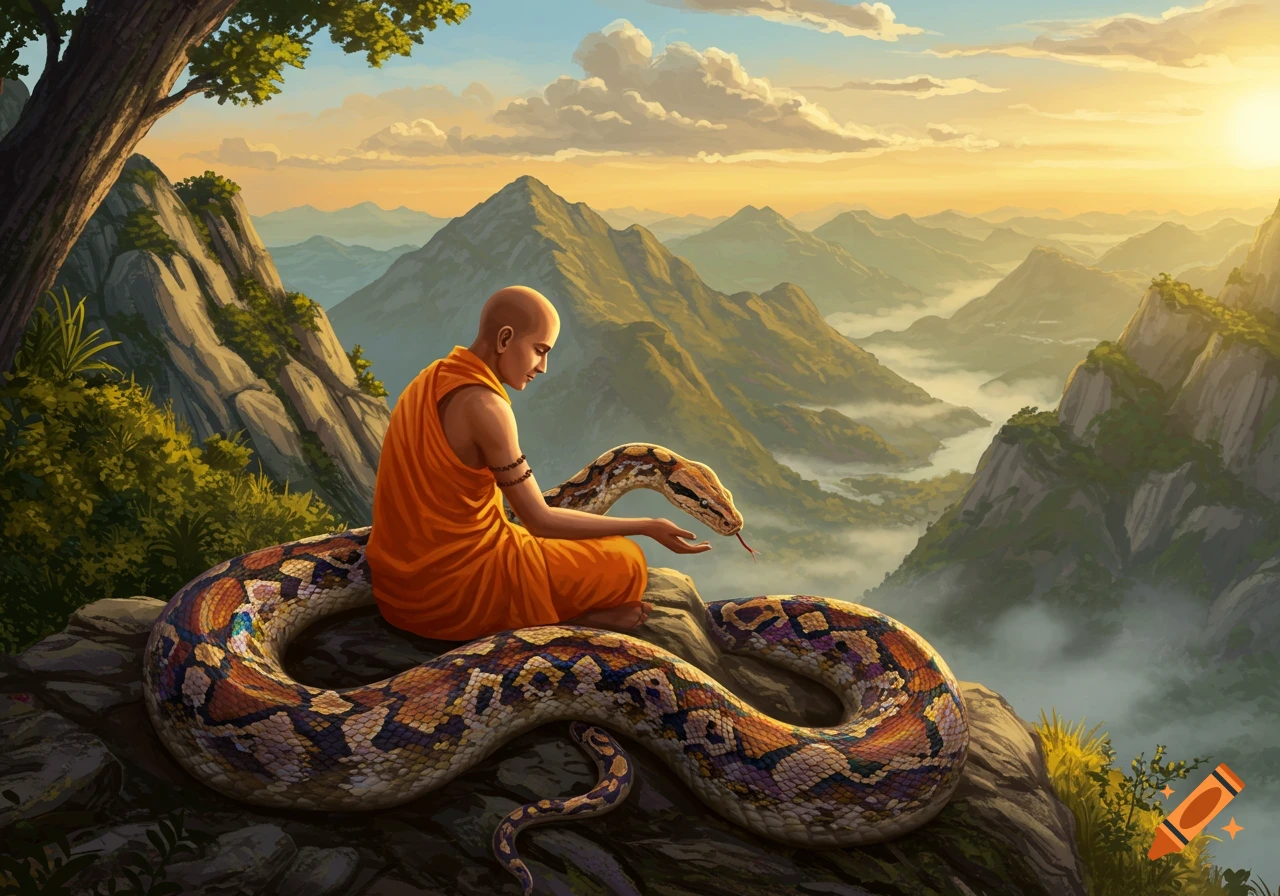 A monk sitting on a mountain interacting with a large snake, overlooking a valley at sunset, digital painting.