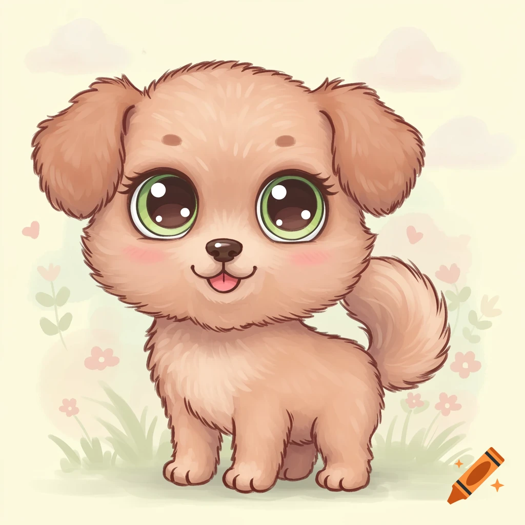 Cute cartoon puppy with big green eyes in grass with flowers
