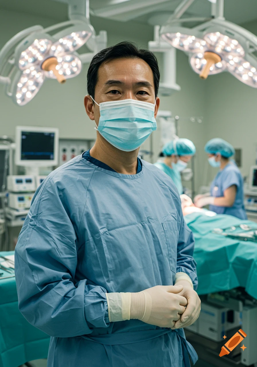 A surgeon in scrubs and mask stands in an operating room.