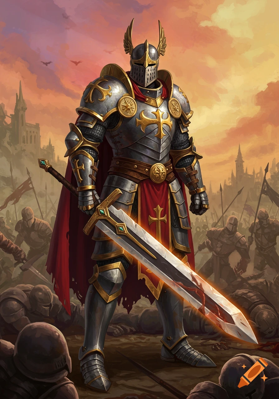 A knight in shining armor with a red cape stands on a battlefield ...