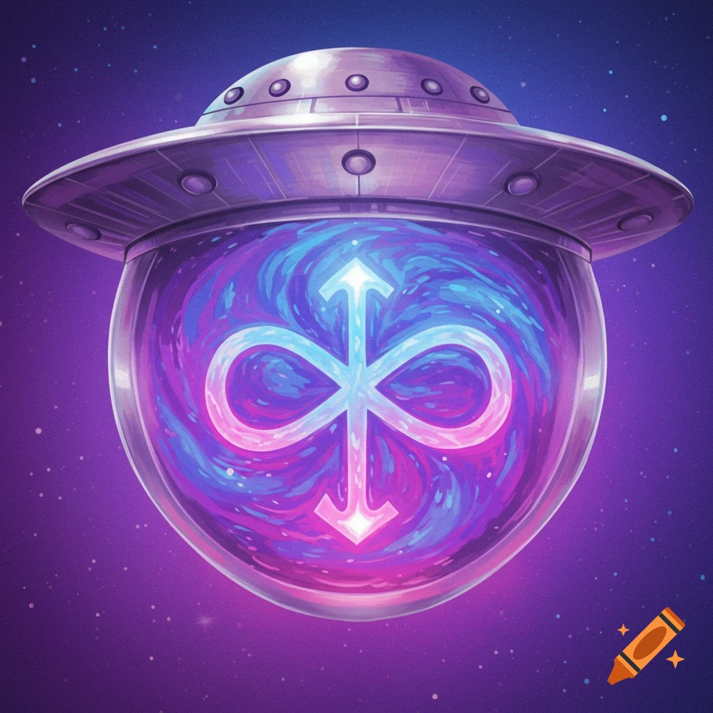 UFO with a glowing infinity symbol in a starry purple space background.