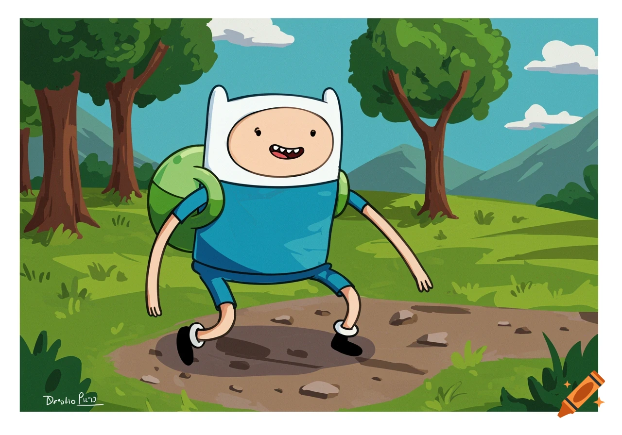Cartoon character Finn from Adventure Time walks on a dirt path through a grassy landscape with trees and mountains.