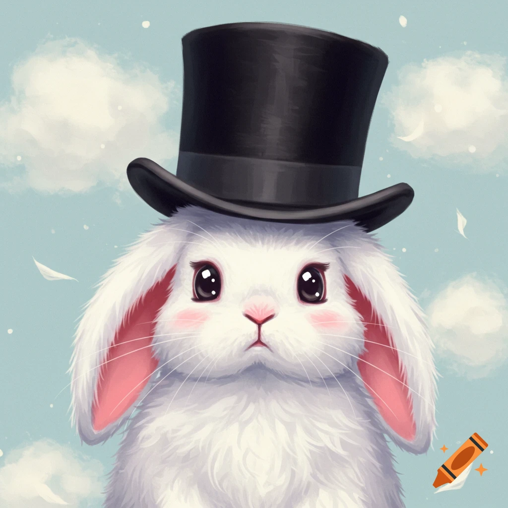 A cute white bunny wearing a black top hat, digital illustration.