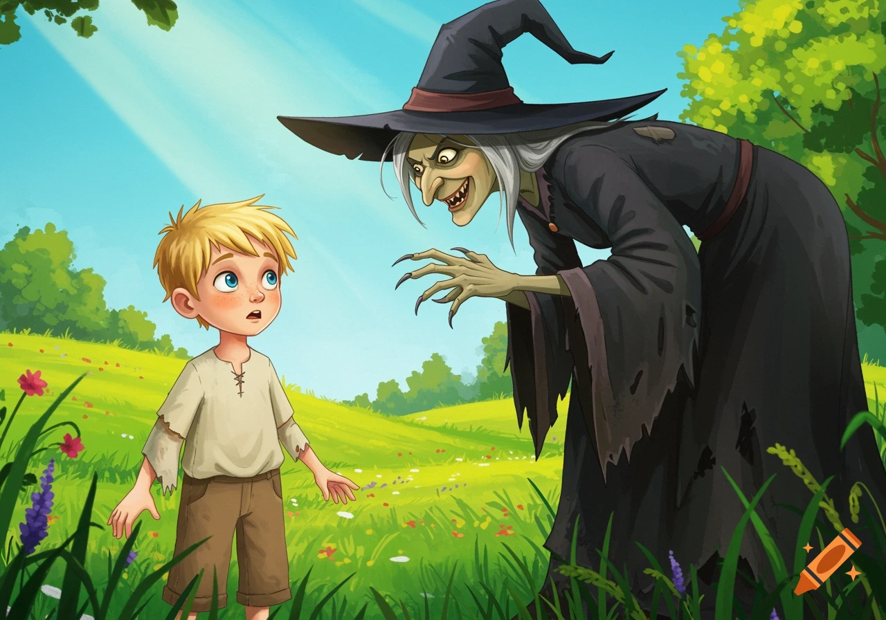 A surprised cartoon boy encounters an evil witch in a grassy field illustration.