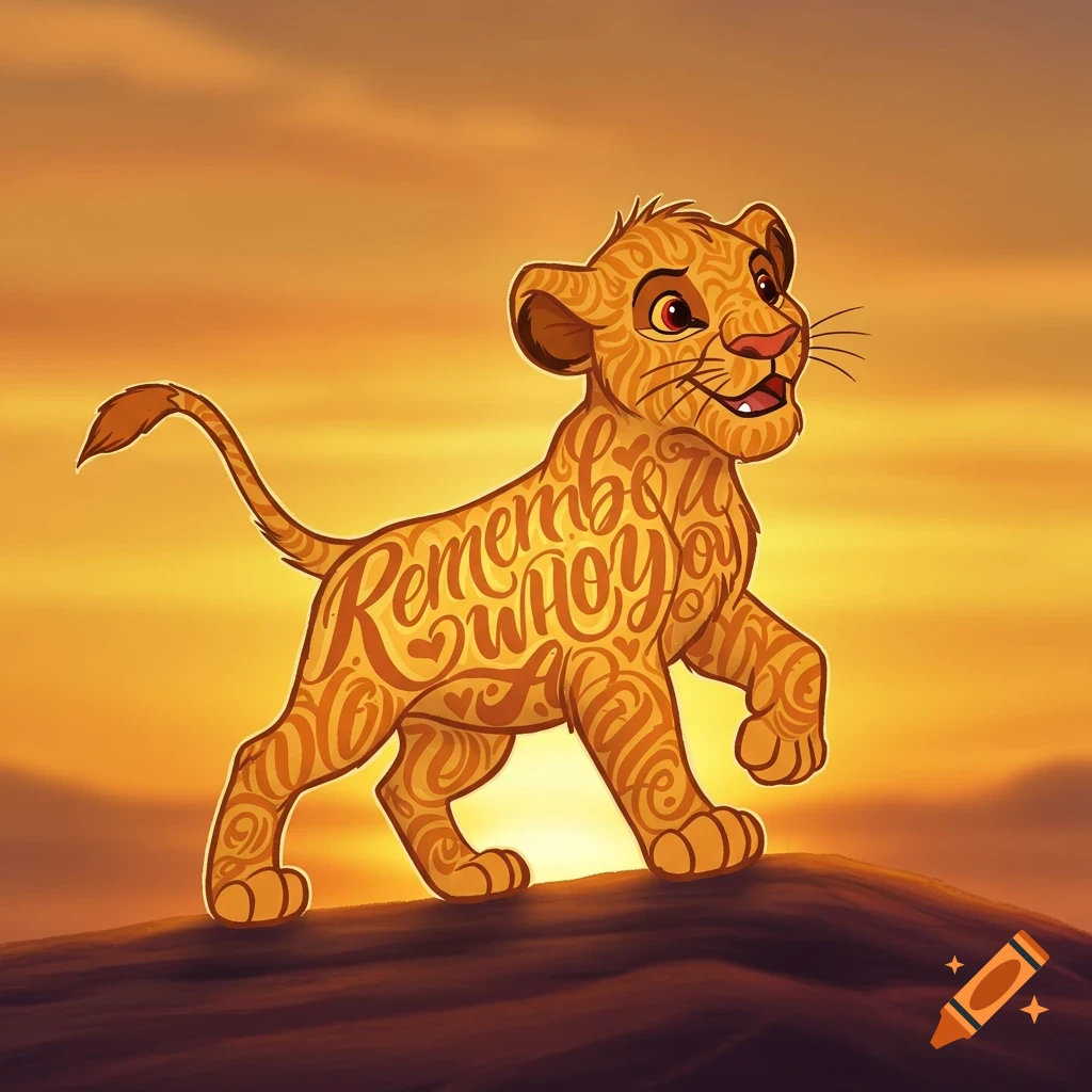 Cartoon lion cub with 'Remember who you are' text on its body stands on a hill at sunset.