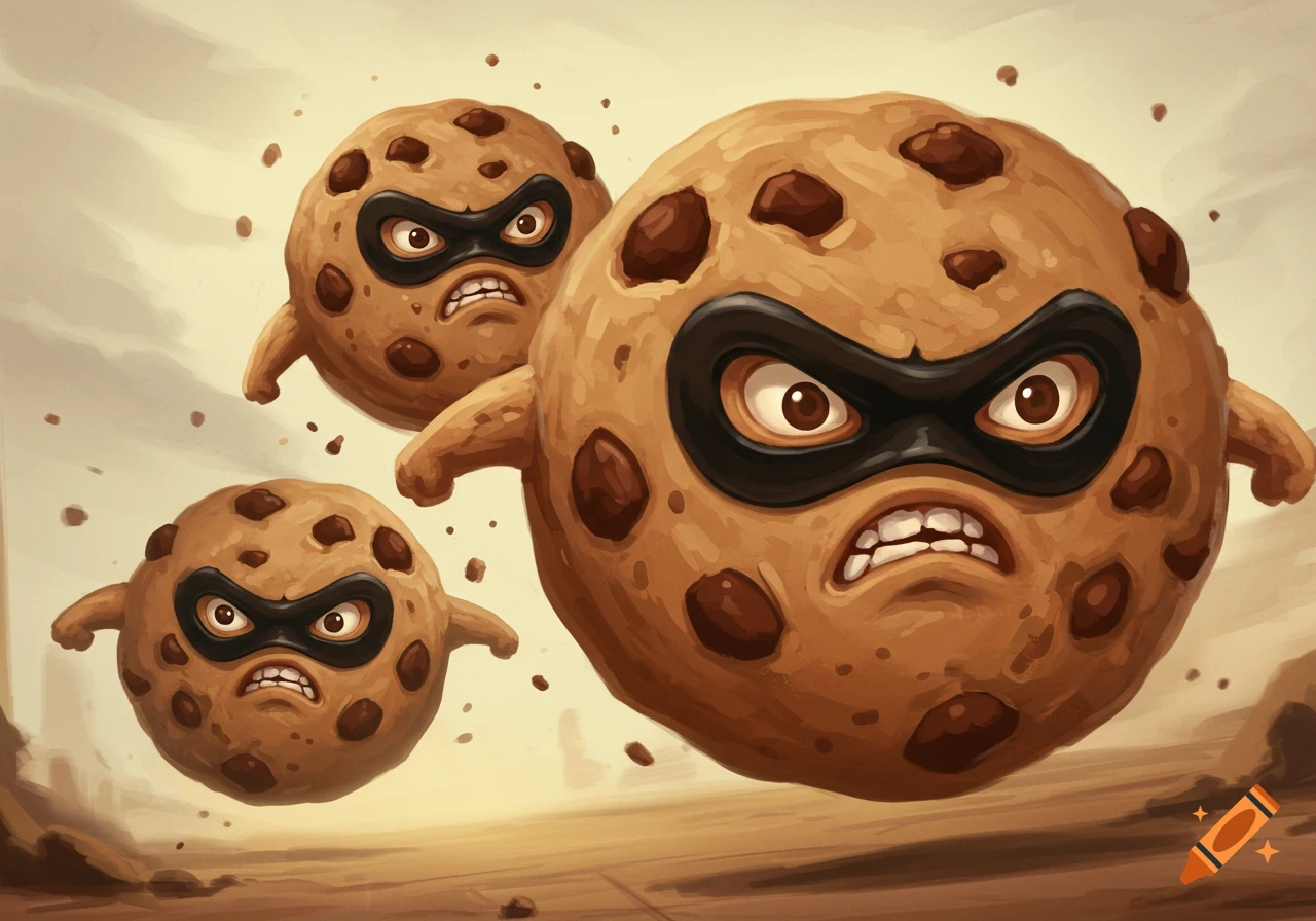 Three angry cookie monsters with bandit masks running forward, illustration