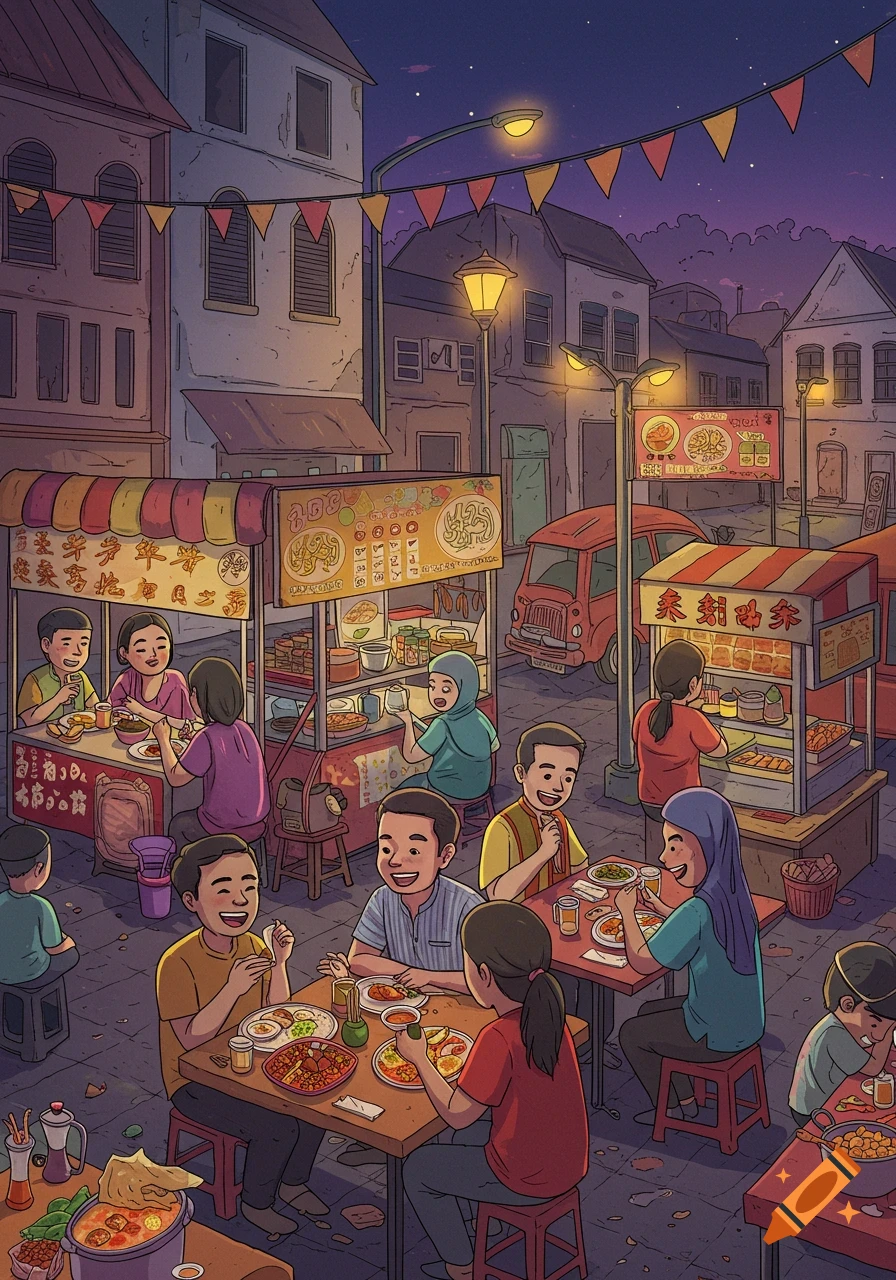 Illustration of a bustling street food market at night with people eating at stalls.