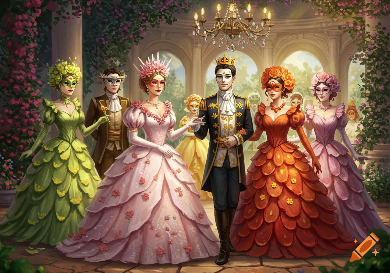 A group of people in elaborate flower-themed masquerade costumes at a ball in a garden setting.