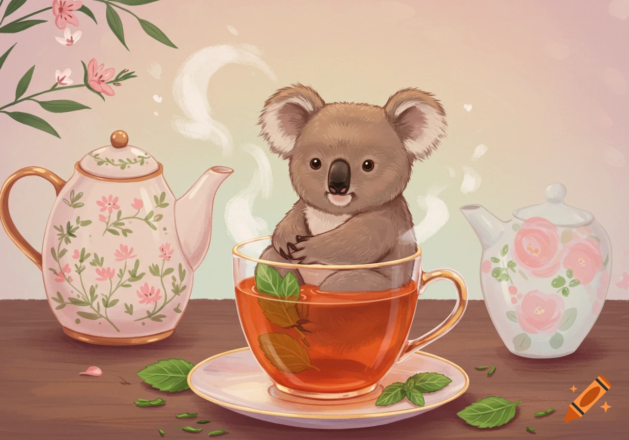 A cute koala sits in a teacup full of tea with mint leaves, next to two floral teapots, in an illustration style.