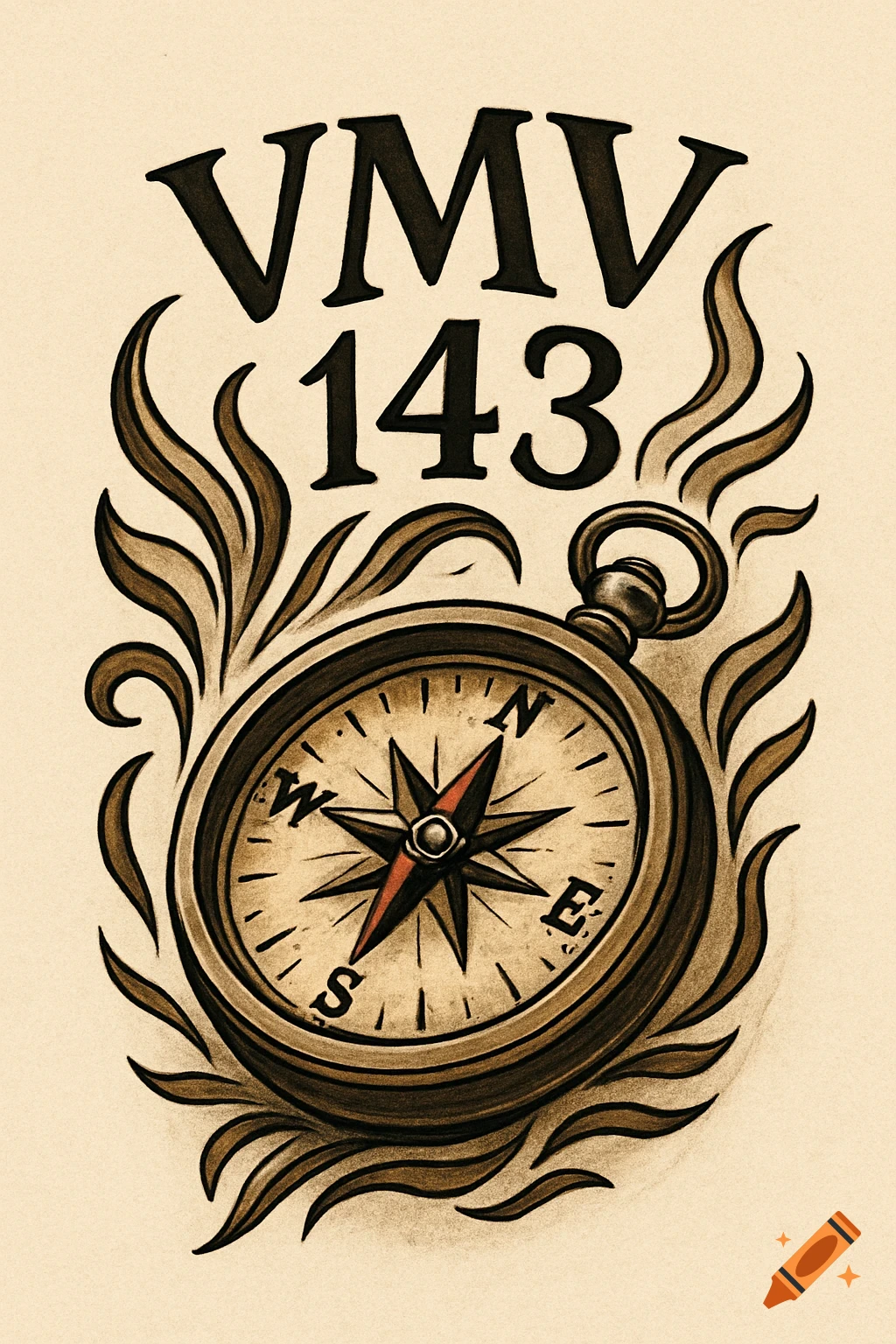 Tattoo design of a compass with swirling elements and the text "VMV 143" above it, in earthy tones.