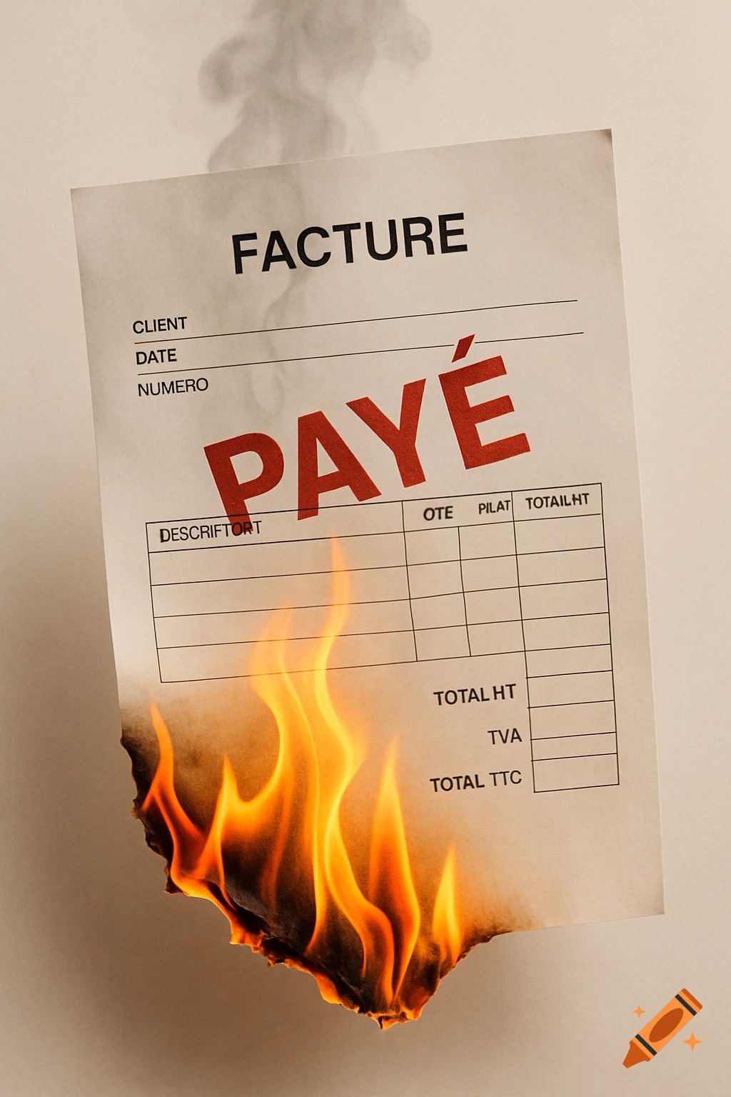 A paper invoice marked 'PAYÉ' burning