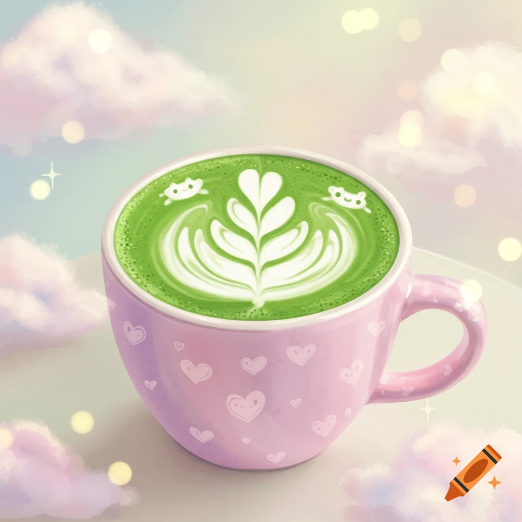 Matcha latte with frog and leaf latte art in a pink heart-patterned cup against a pastel sky.