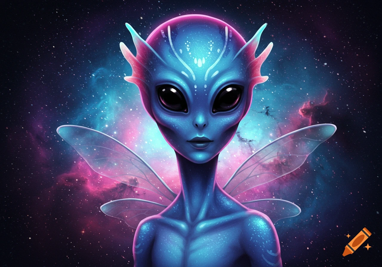 Blue alien with fairy wings in space.