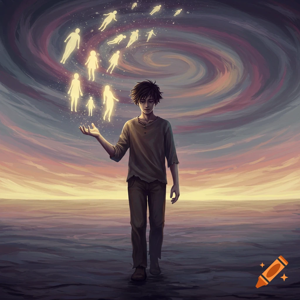 Illustration of a young man releasing glowing spirit figures into a swirling sky over water.