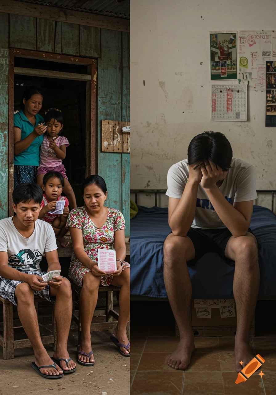 A split image showing a family receiving money in a rural home on the left and a sad man sitting on a bed on the right.