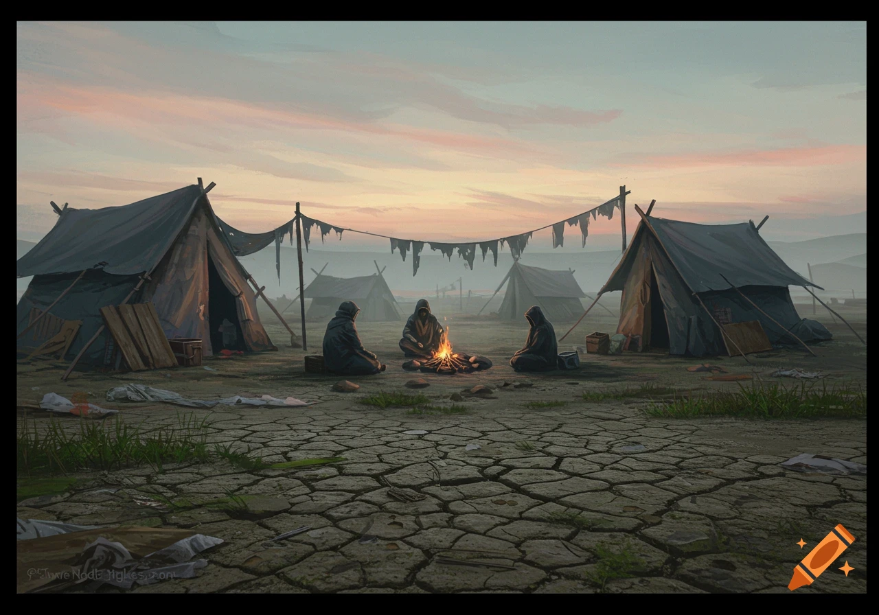 Three figures sit around a campfire in a desolate tent camp at sunset.