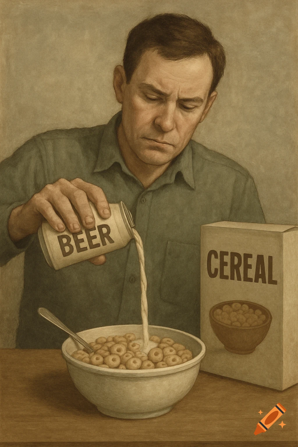 Illustration of a man pouring beer from a can into a bowl of cereal, with a cereal box beside it. Muted colors.