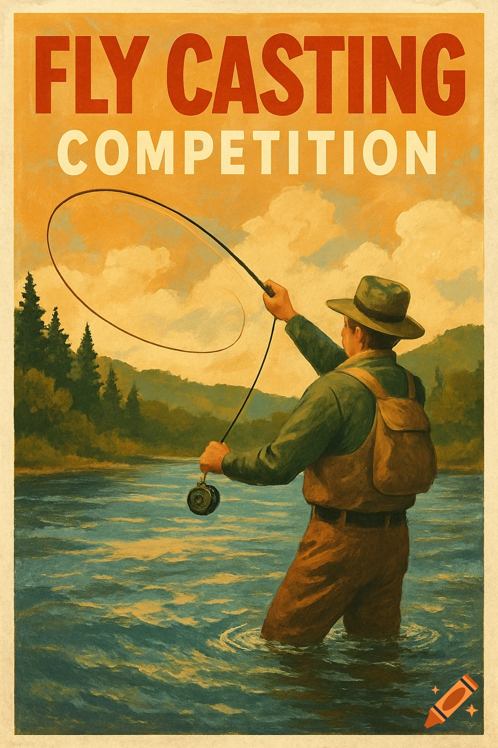 A vintage-style poster shows a man fly fishing in a river. Text reads "FLY CASTING COMPETITION".