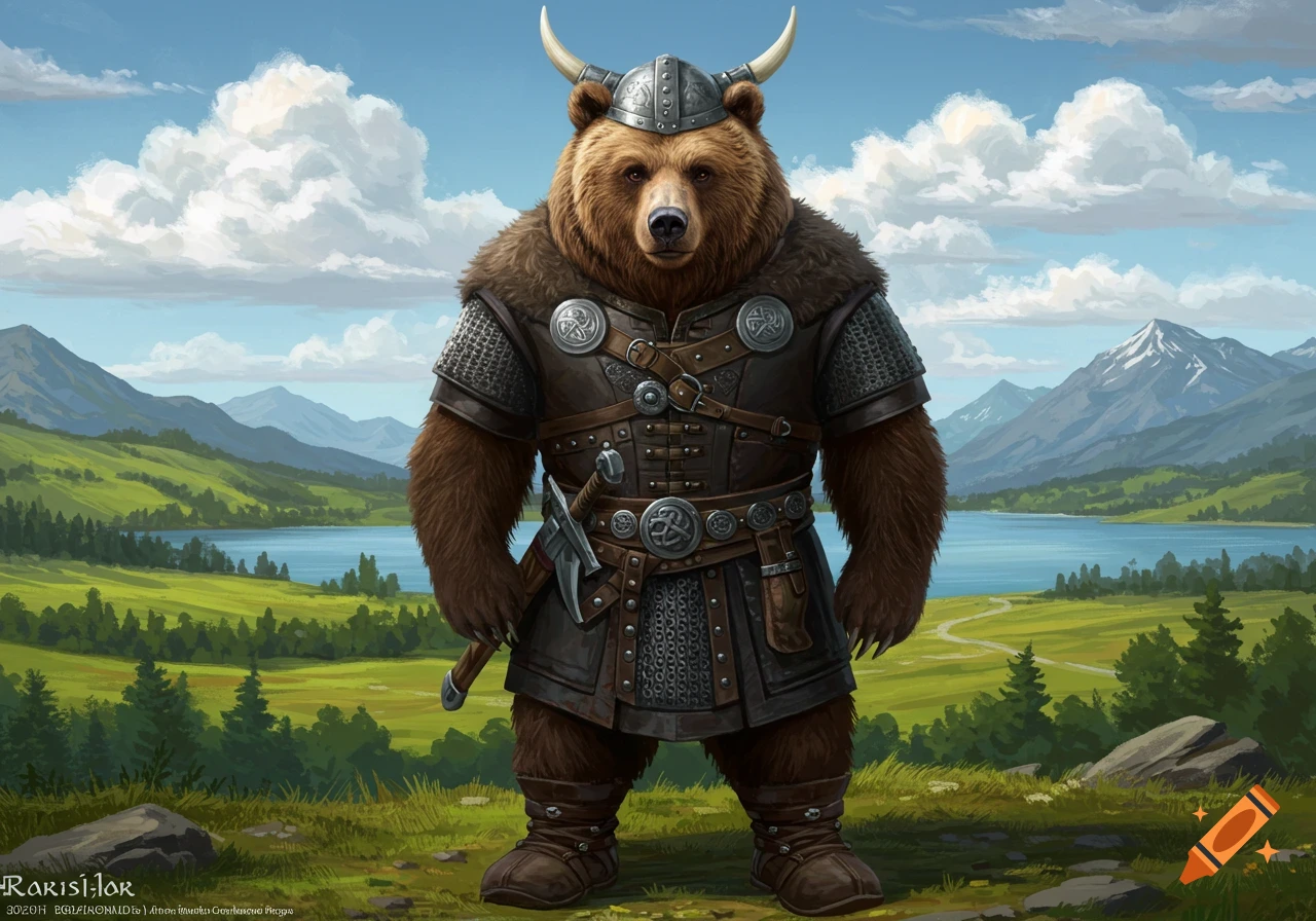A brown bear dressed in viking armor stands in a grassy field with mountains and a lake behind it.