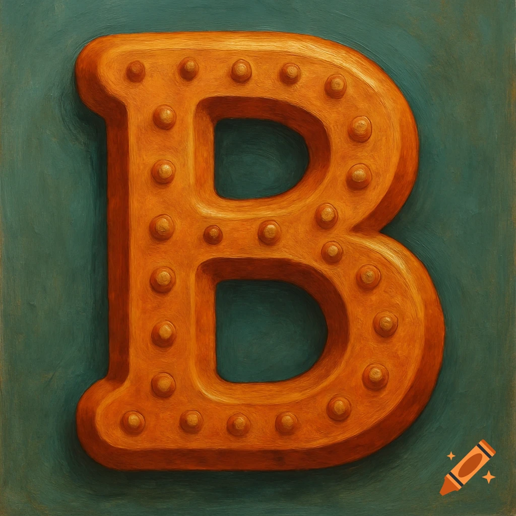 A stylized orange letter B with circular studs on a green background.