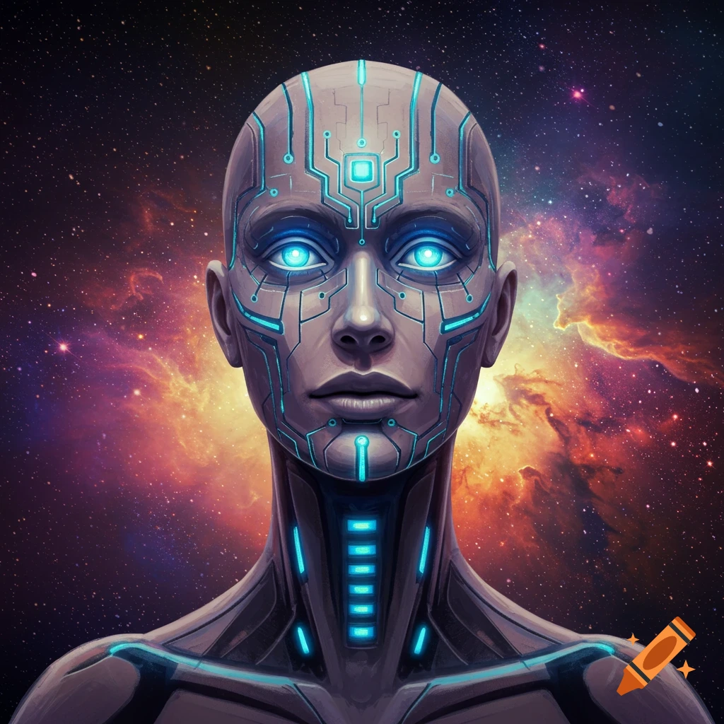 Close-up portrait of a figure with cybernetic facial features and glowing blue eyes against a vibrant space nebula background.