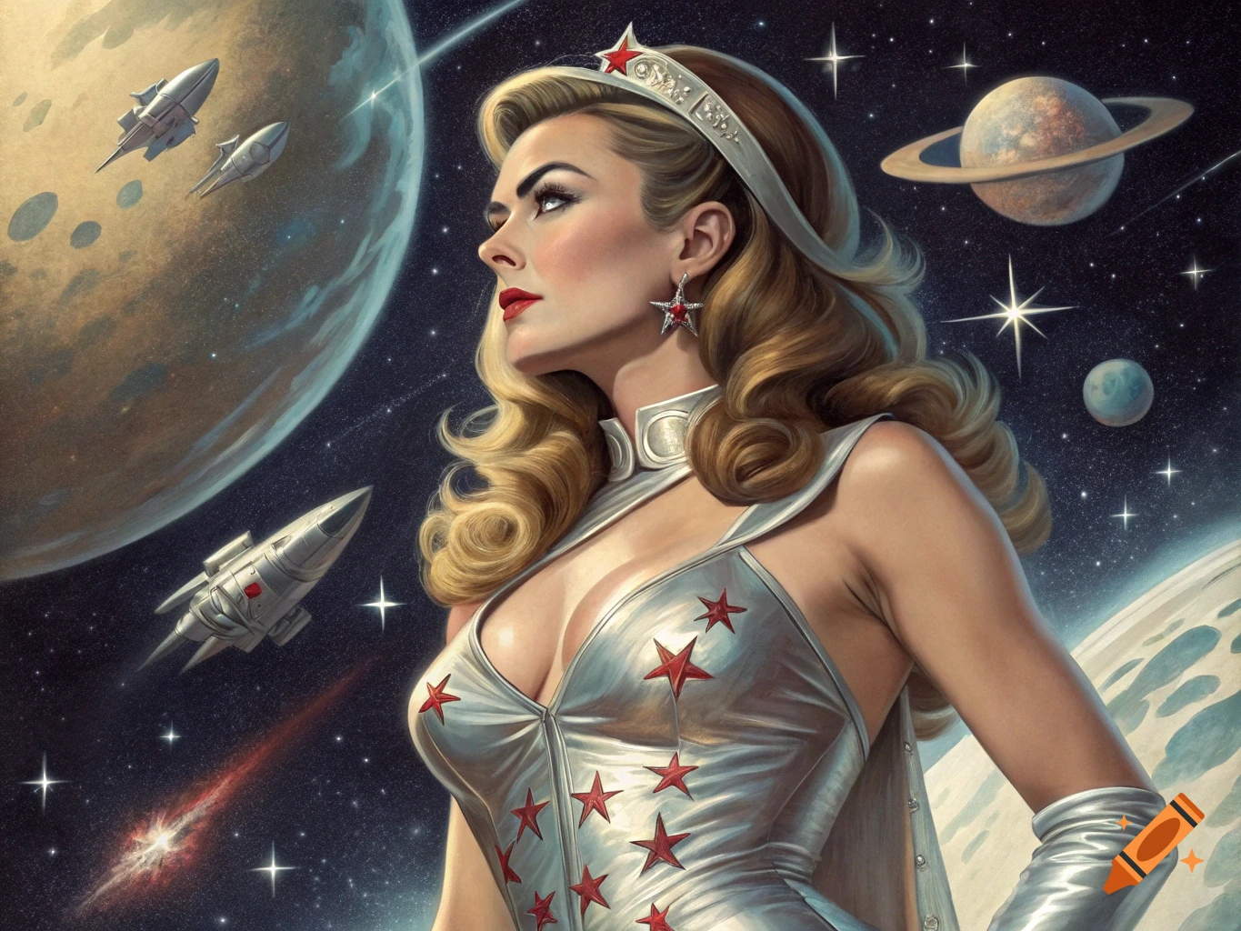 A woman in a silver retro space queen costume stands in front of planets and spaceships.