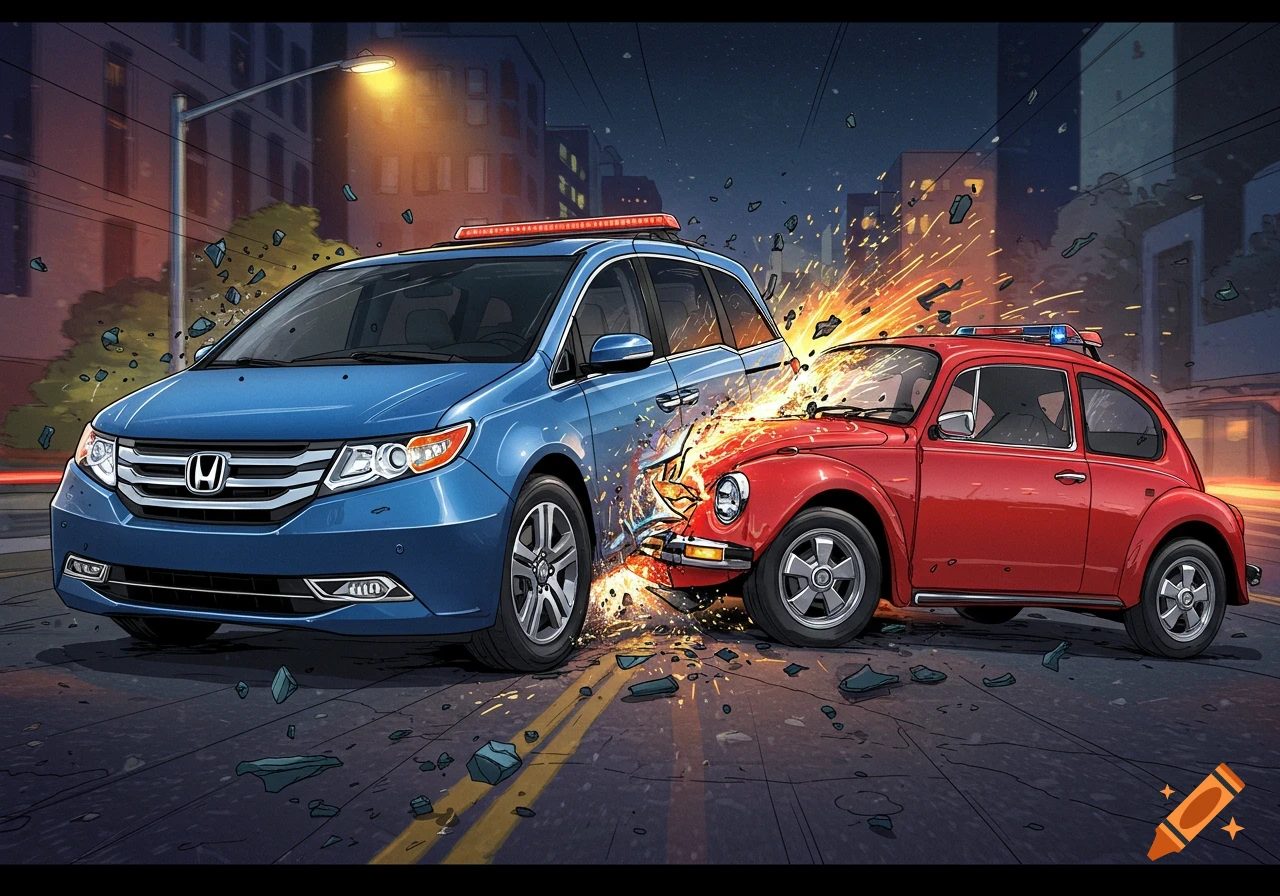 A blue Honda minivan crashes head-on into a red Volkswagen Beetle at night in an illustrated style.