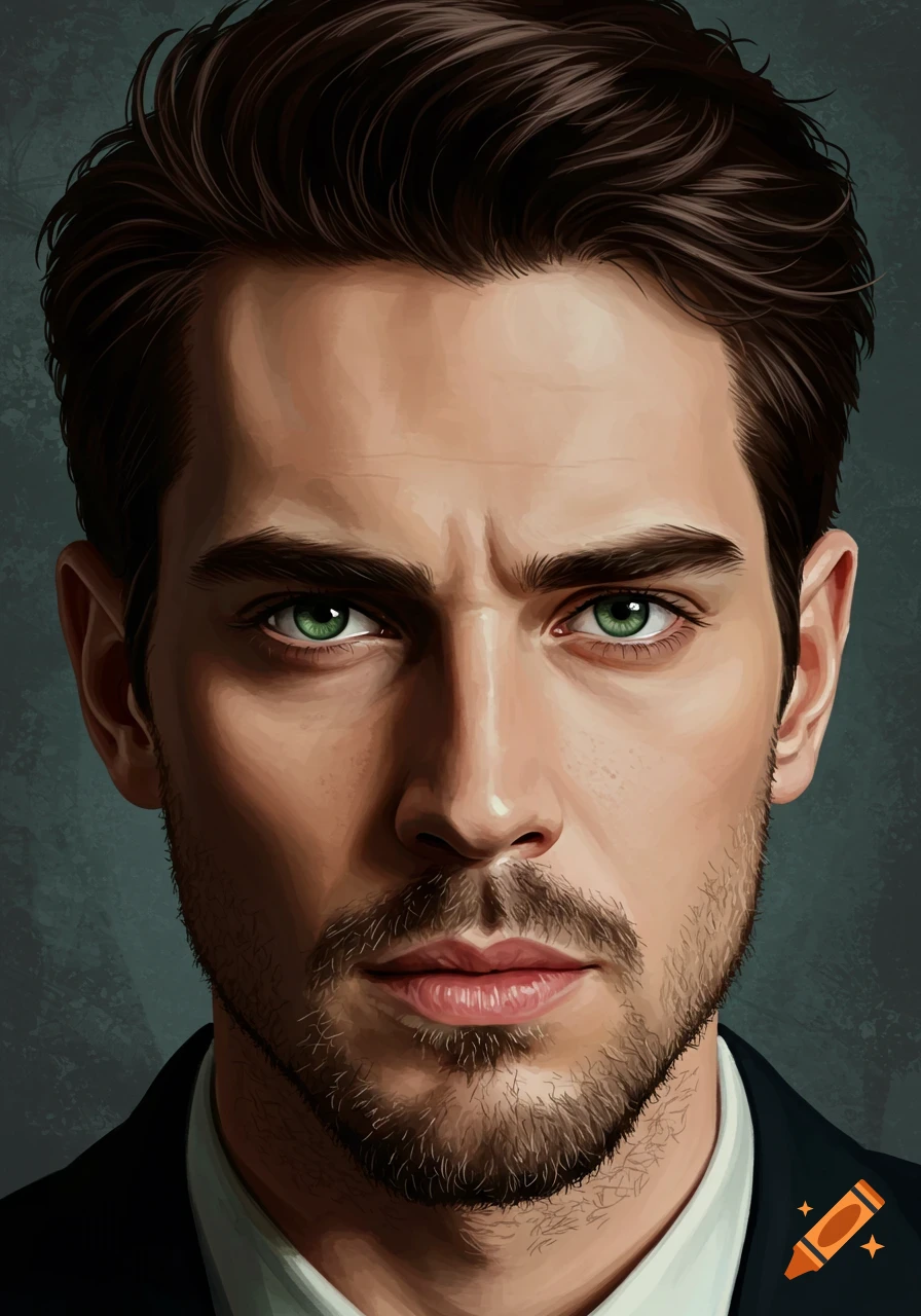 Close-up portrait of a man with dark hair, green eyes, and stubble in a realistic painting style.
