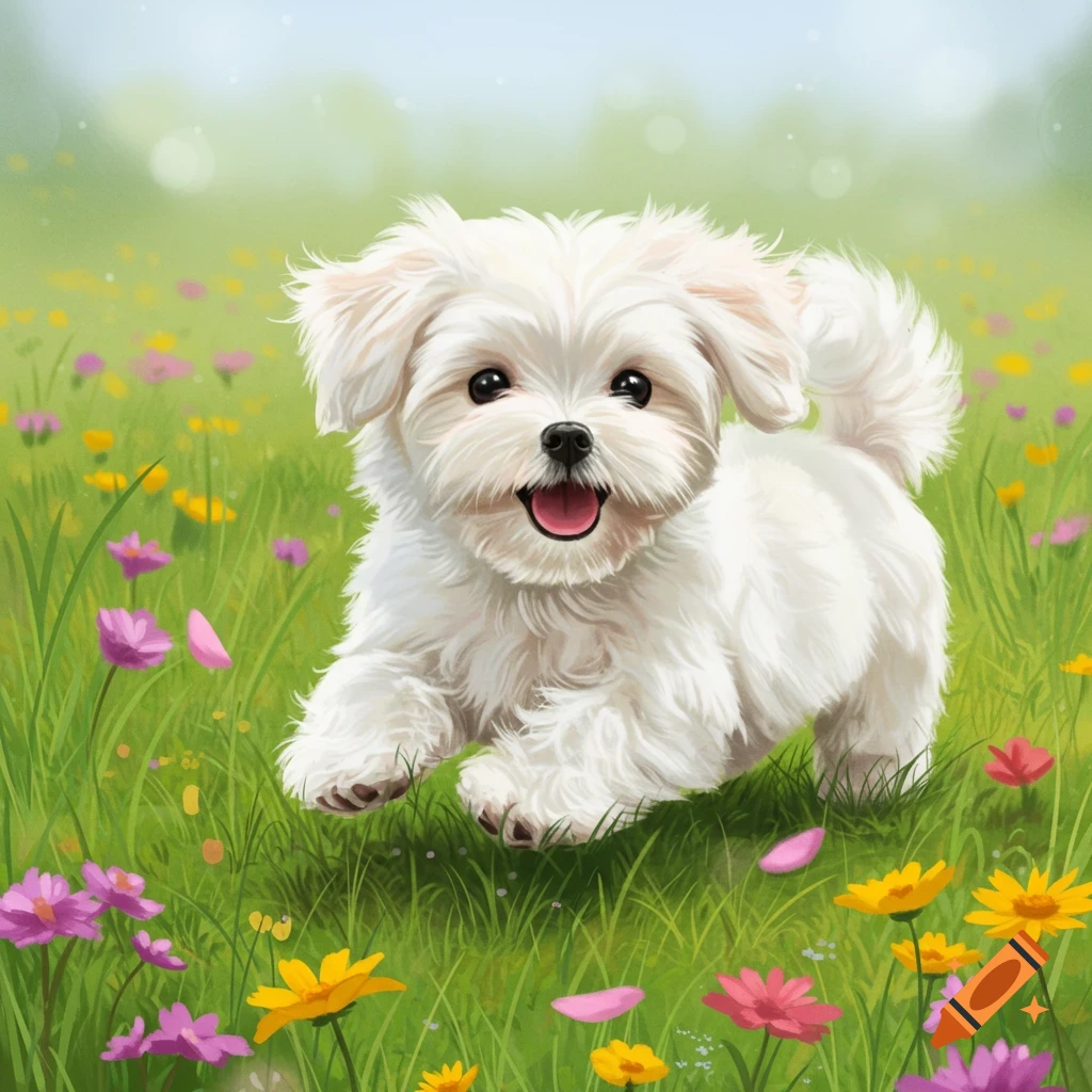 A fluffy white Maltese puppy runs happily through a field of green grass and colorful wildflowers.