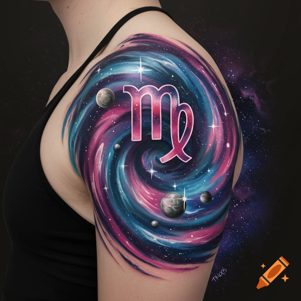 Shoulder tattoo with a swirly galaxy background, planets, stars, and a pink Virgo zodiac symbol.