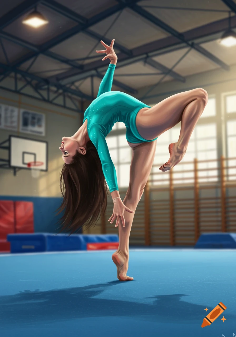 An illustration of a female gymnast with arched back, performing a routine in a gym.