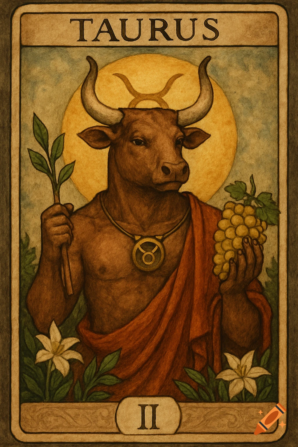 Taurus zodiac tarot card with a bull-headed figure holding staff and grapes.