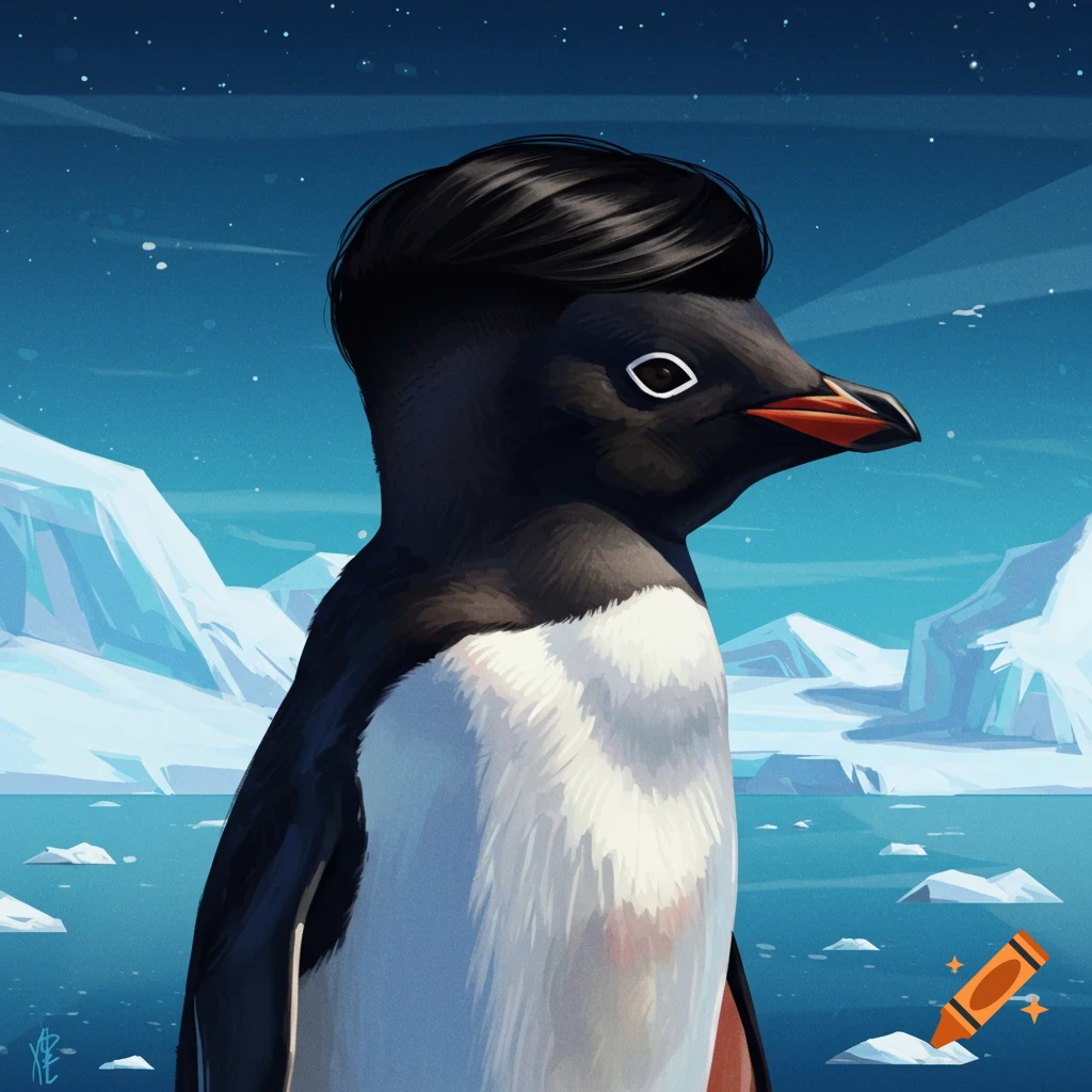 Illustration of a penguin with a low taper fade haircut standing in a snowy landscape.