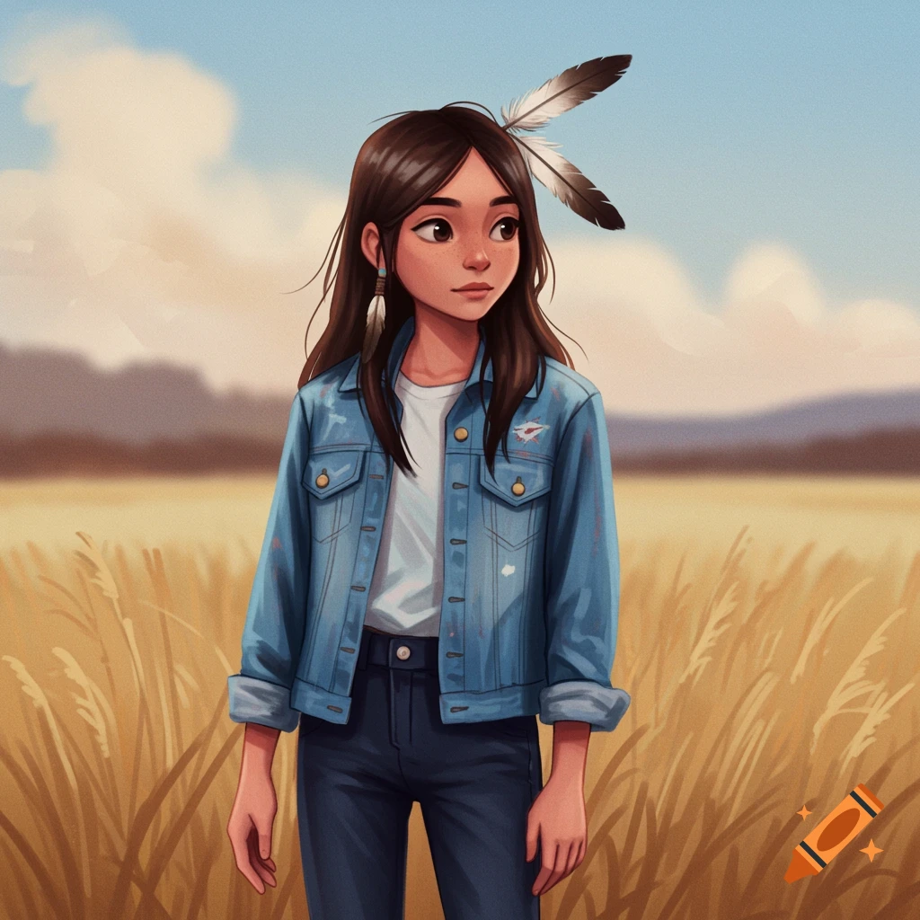 Stylized illustration of a Native American girl in a denim jacket standing in a field