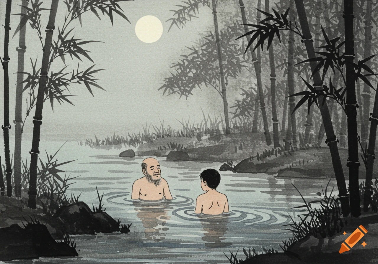 Japanese ink painting of two men bathing in a river in a bamboo grove under moonlight.