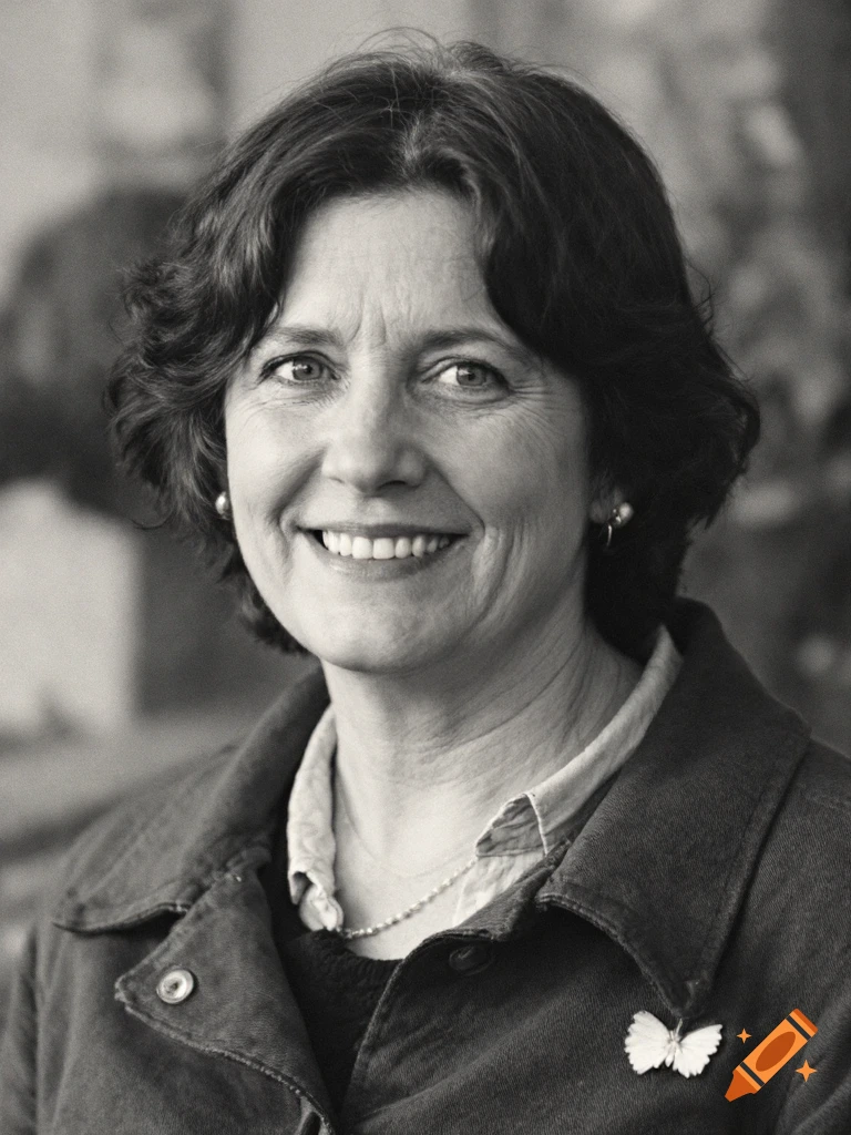 Black and white portrait of a smiling middle-aged woman wearing a jacket with a butterfly pin.