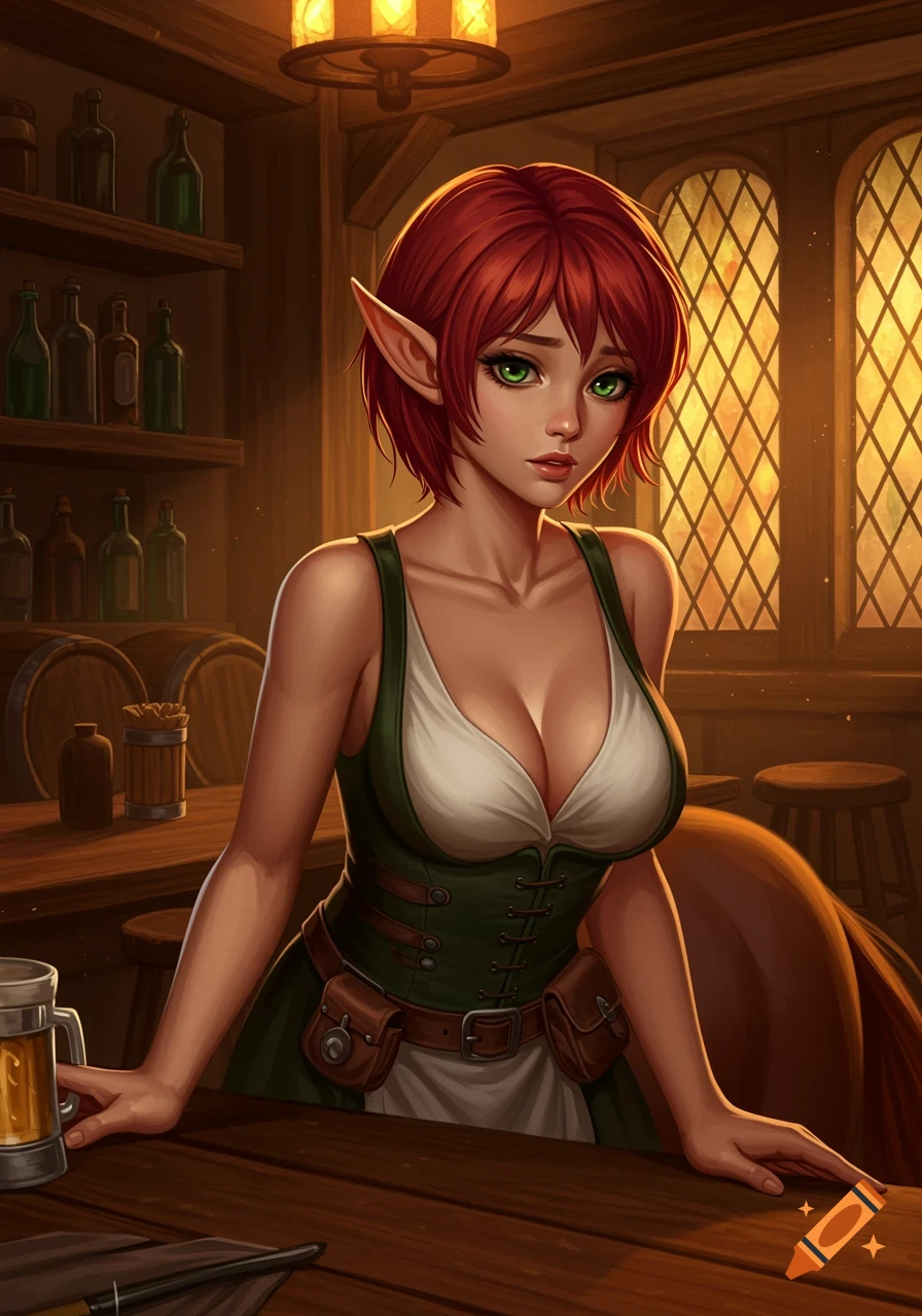 Fantasy illustration of an elf barmaid with red hair and green eyes in a tavern.
