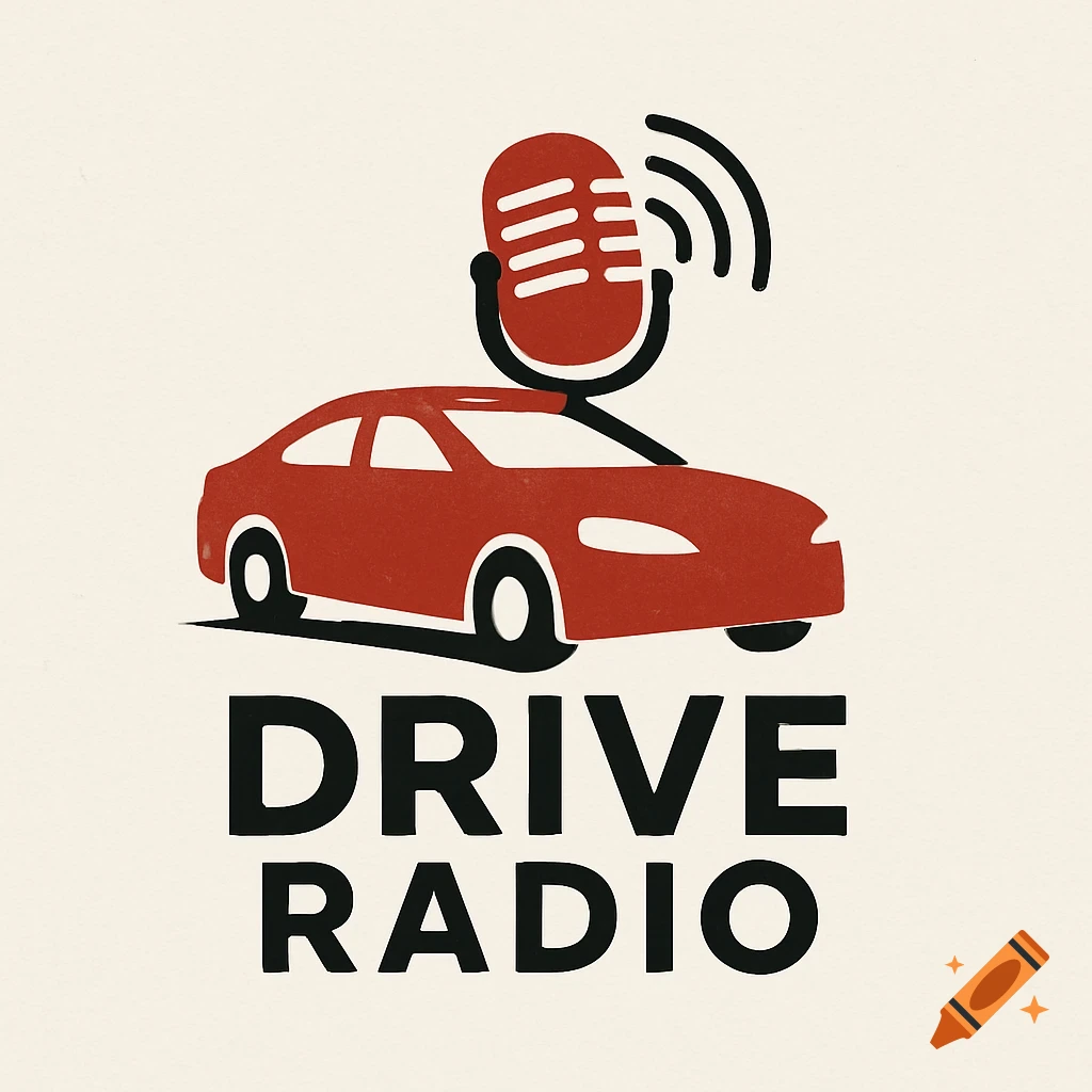 A logo design with a red car, microphone, and the text "DRIVE RADIO".