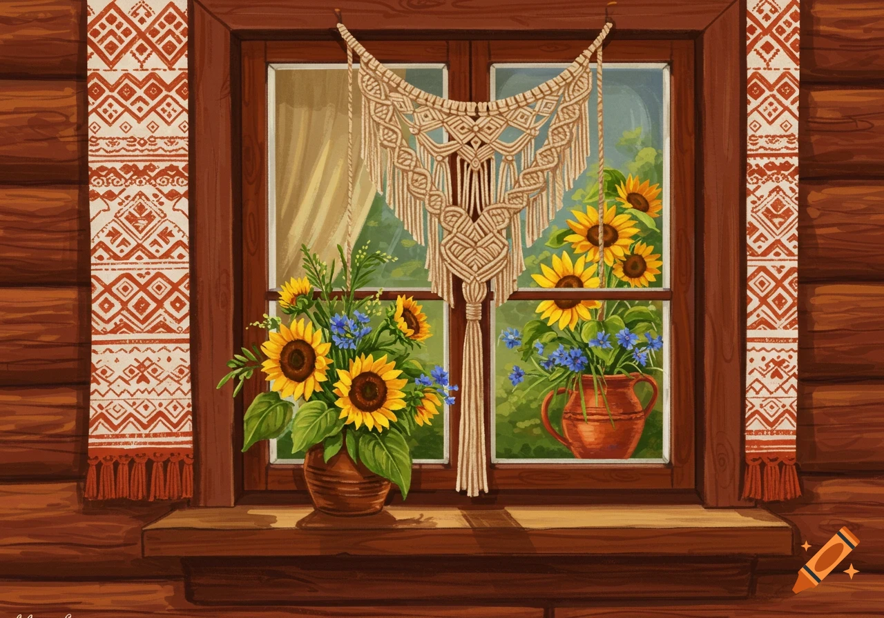 Sunflowers and macrame decoration in a rustic window of a log cabin.