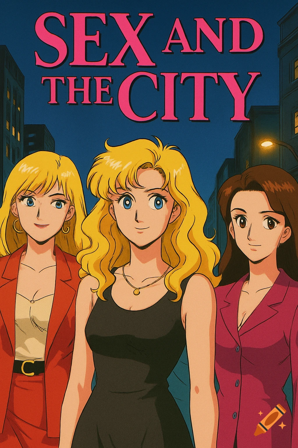 Three women in anime style stand together under the text "SEX AND THE CITY", with a city background.