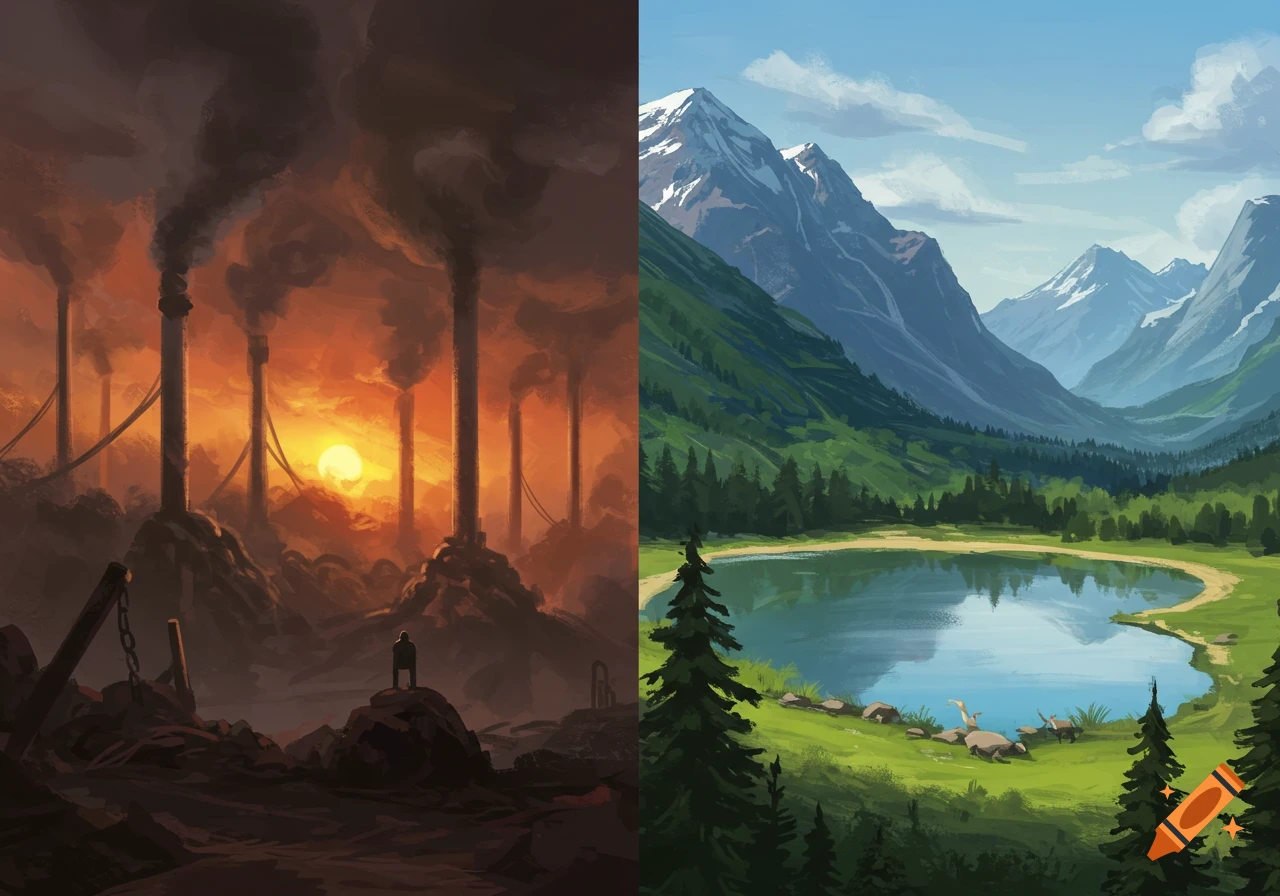 Digital painting split vertically, showing a polluted industrial scene on the left and a pristine mountain lake landscape on the right.