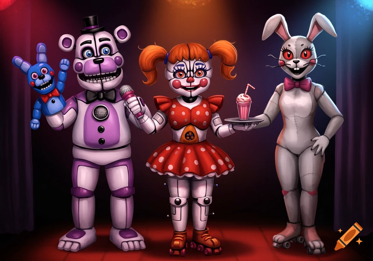 Funtime Freddy, Circus Baby, and Vanny stand on a stage in a digital illustration.