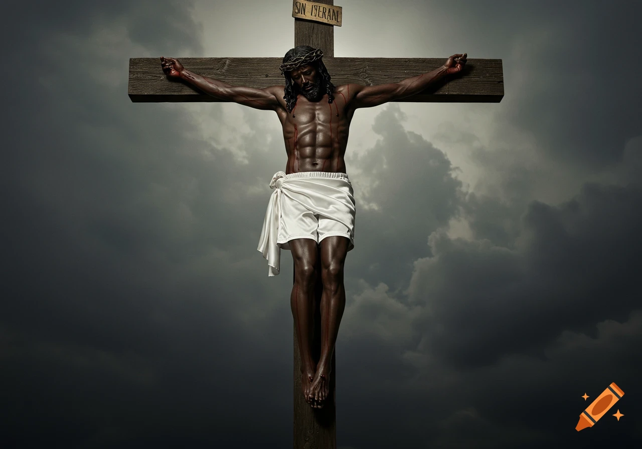 Photorealistic depiction of an African American Jesus on a cross against a dark, cloudy sky.