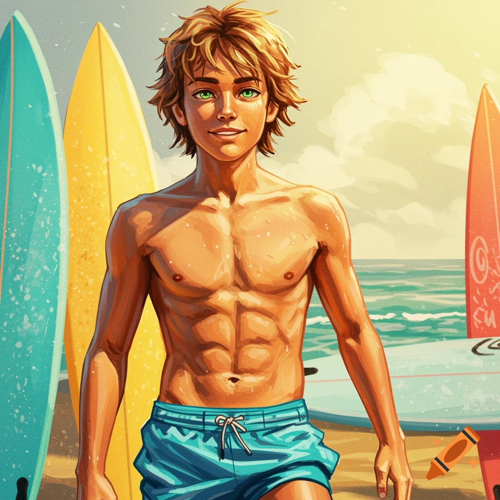 Illustration of a surfer boy on a beach with surfboards.