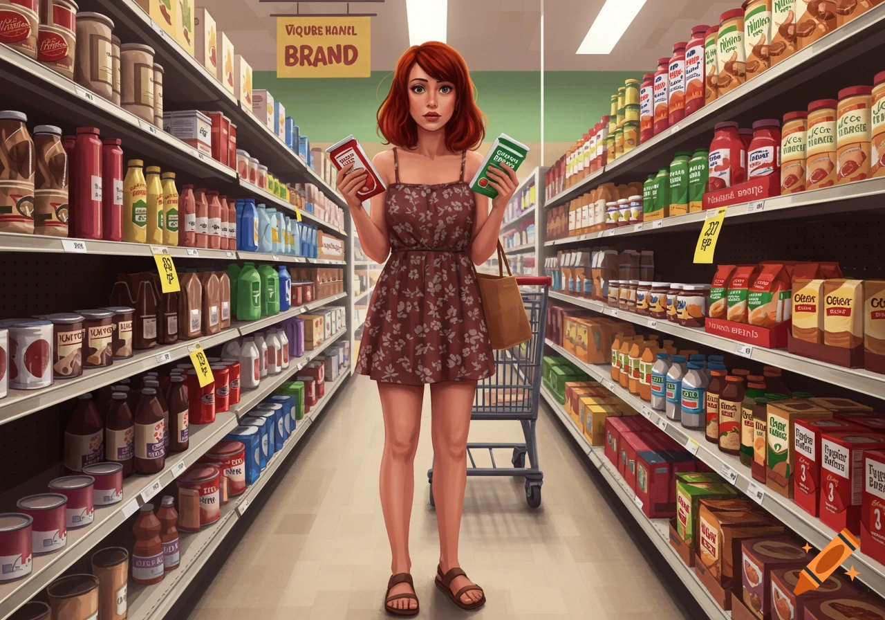 Illustration of a woman in a grocery store aisle holding two product boxes.