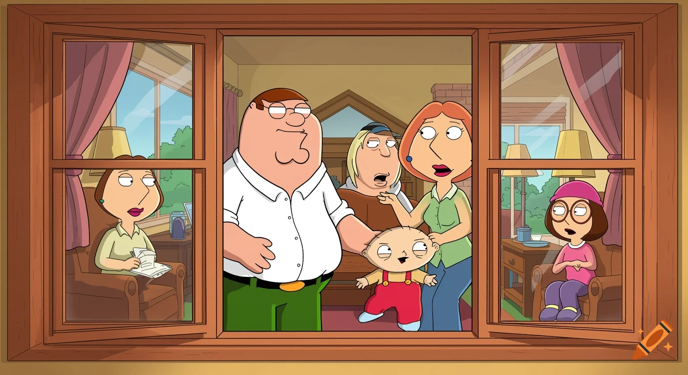 Family Guy characters Peter, Lois, Chris, Stewie, and Meg looking through windows in a cartoon style.